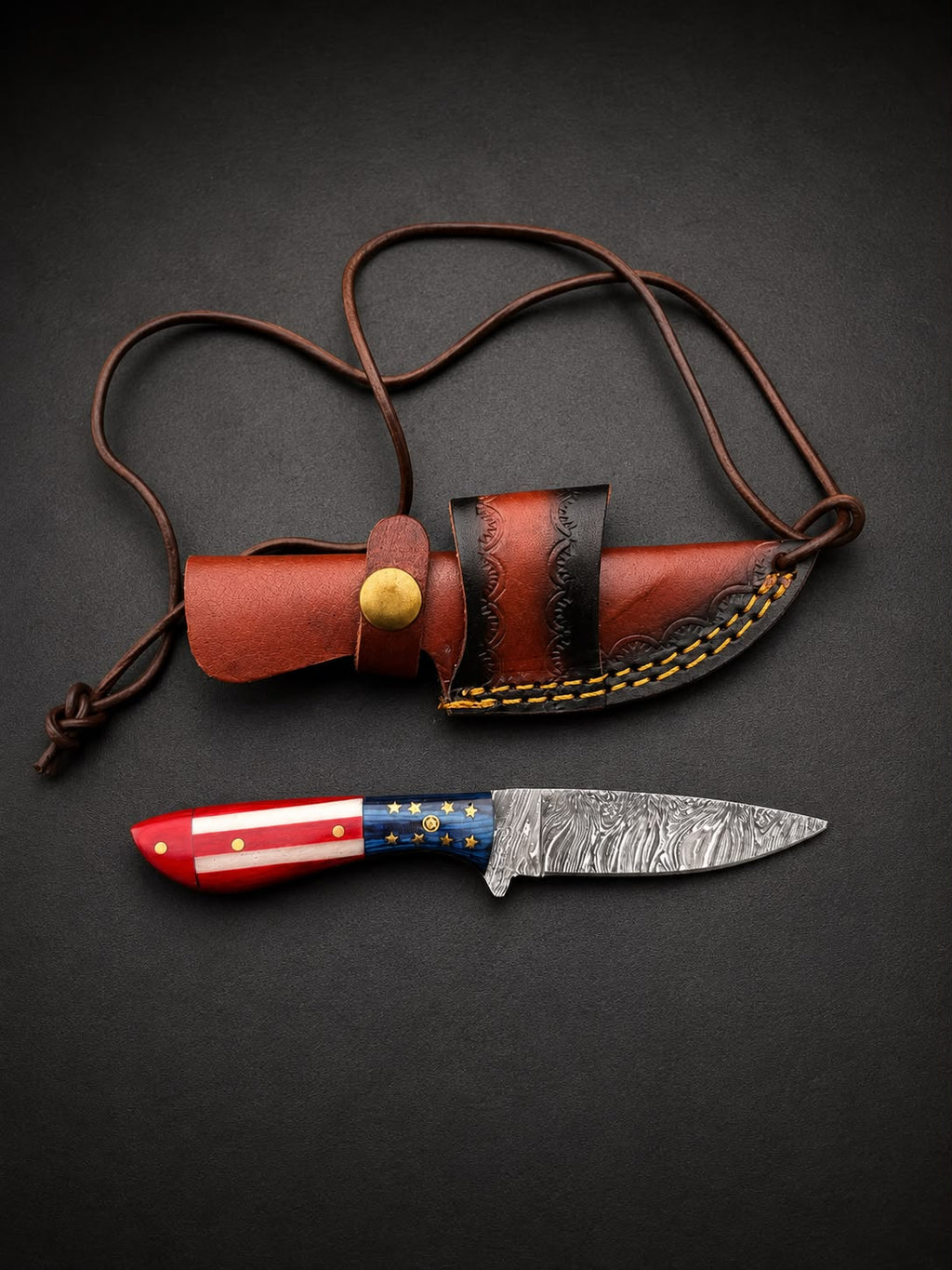 Premium Damascus Steel Fixed Blade Knife – Patriotic Edition with Tooled Leather Sheath TK-527