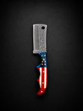 Premium Damascus Steel Fixed Blade Cleaver – Patriotic Edition with Tooled Leather Sheath TK-479