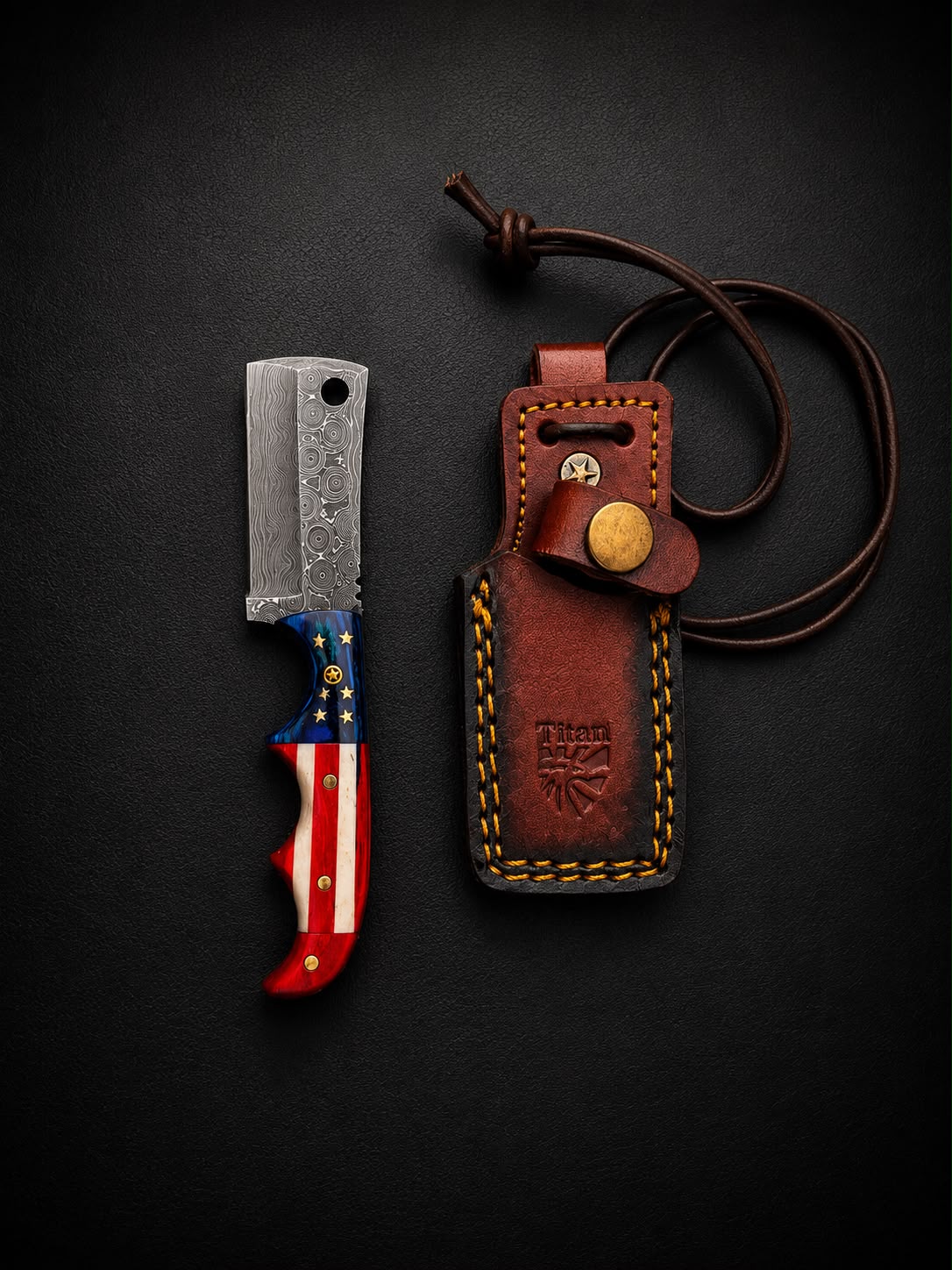 Premium Damascus Steel Fixed Blade Cleaver – Patriotic Edition with Tooled Leather Sheath TK-479