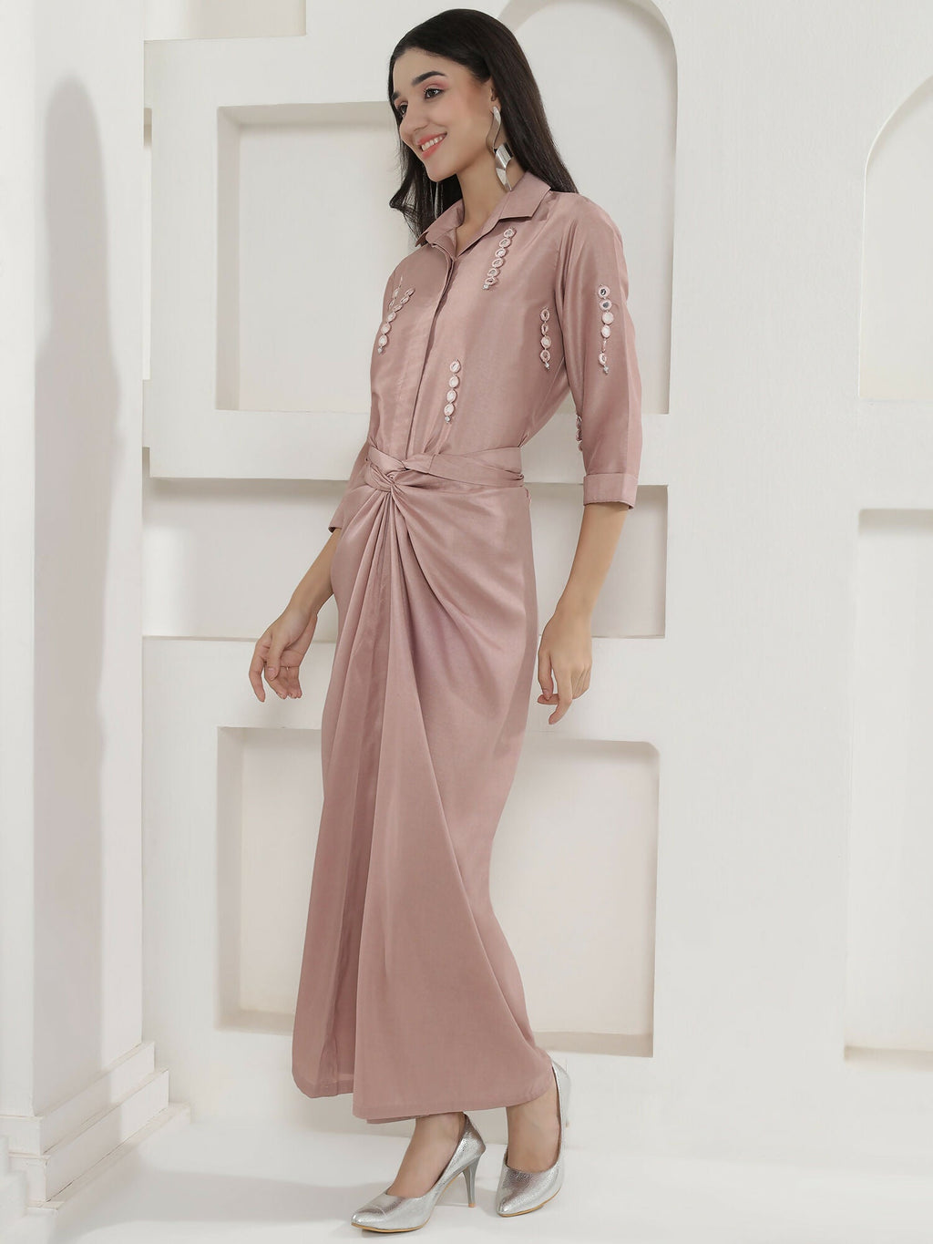 Rose Gold Tie Knot Skirt Set with Hand Embellishment Dola Silk