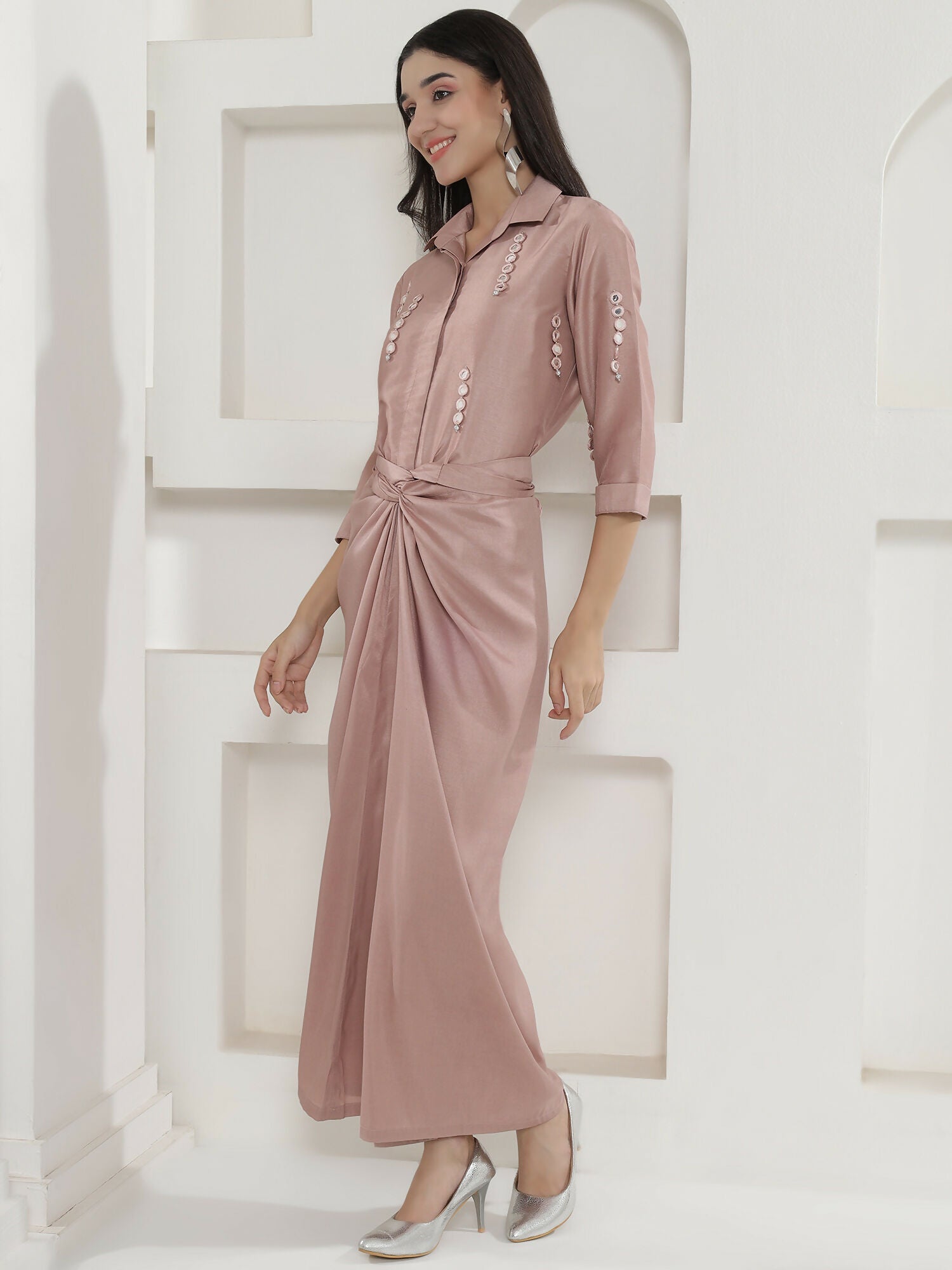 Rose Gold Tie Knot Skirt Set with Hand Embellishment Dola Silk