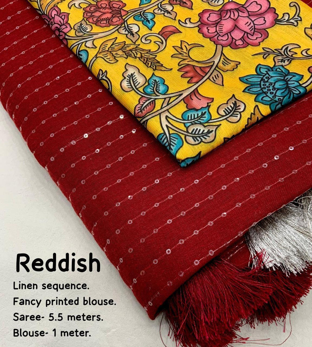 Red Linen Sequence Saree with Unstitched Blouse - Hiral Fashion