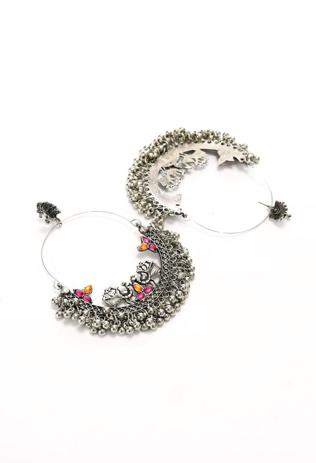 Peacock Design Chandbali Earrings in Silver Pink and Orange