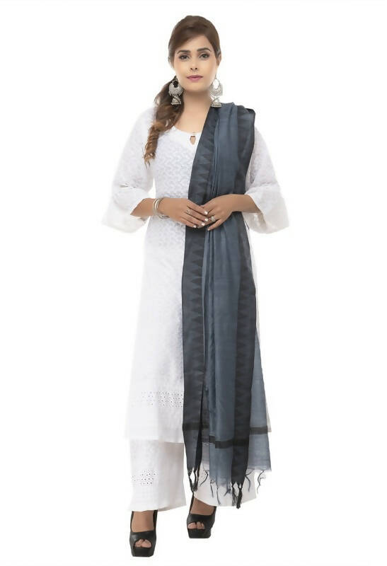 Black Cotton Dupatta with Traditional Temple Border and Gray Detail