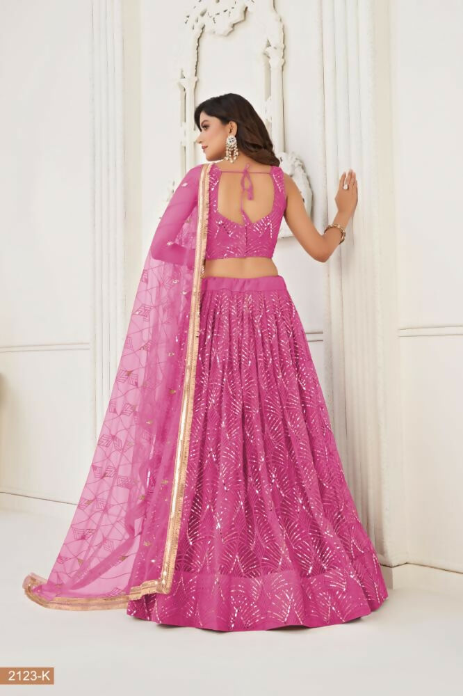 Pink Butterfly Net Wedding Lehenga Choli with Mirror Work