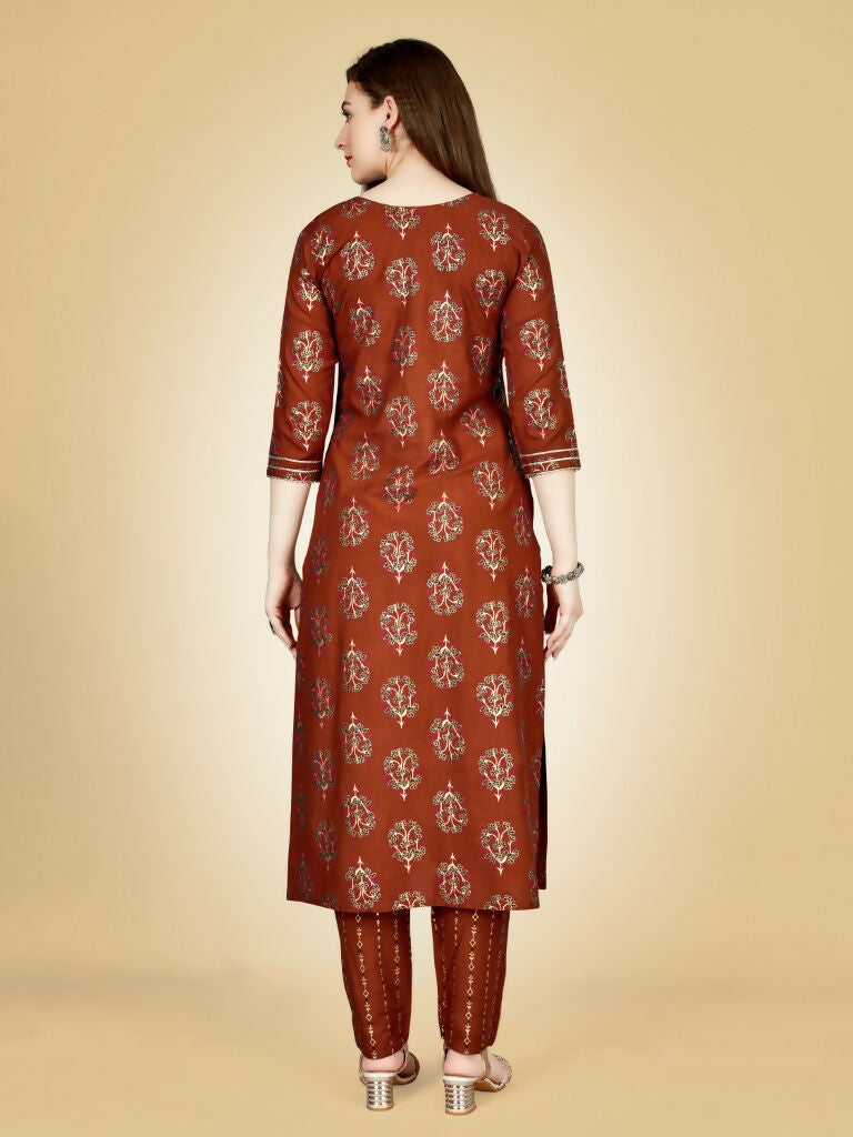 Jyoti Fashion Women's Rust Viscose Rayon Embroidered Kurta Pant Set