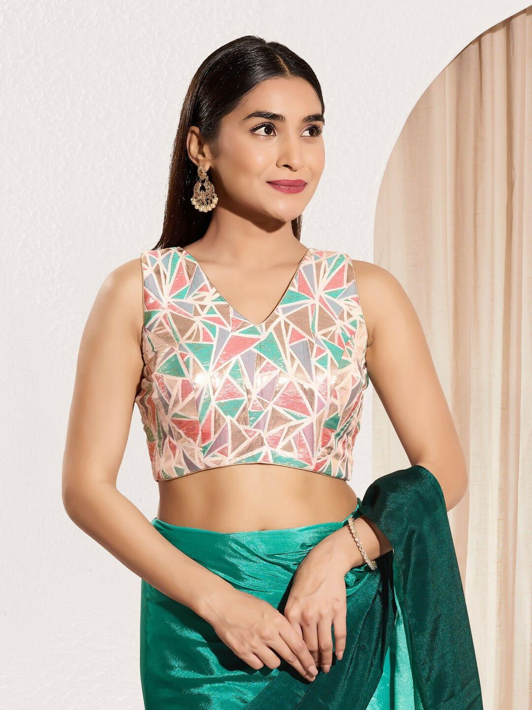 Joban Fashion Pink Jacquard Padded Blouse With V Neck Sleeveless