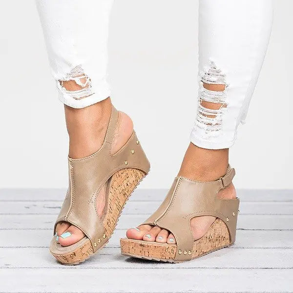 Women Wedge Peep Toe Sandals with Cork Platform and Stud Detail - Image 11