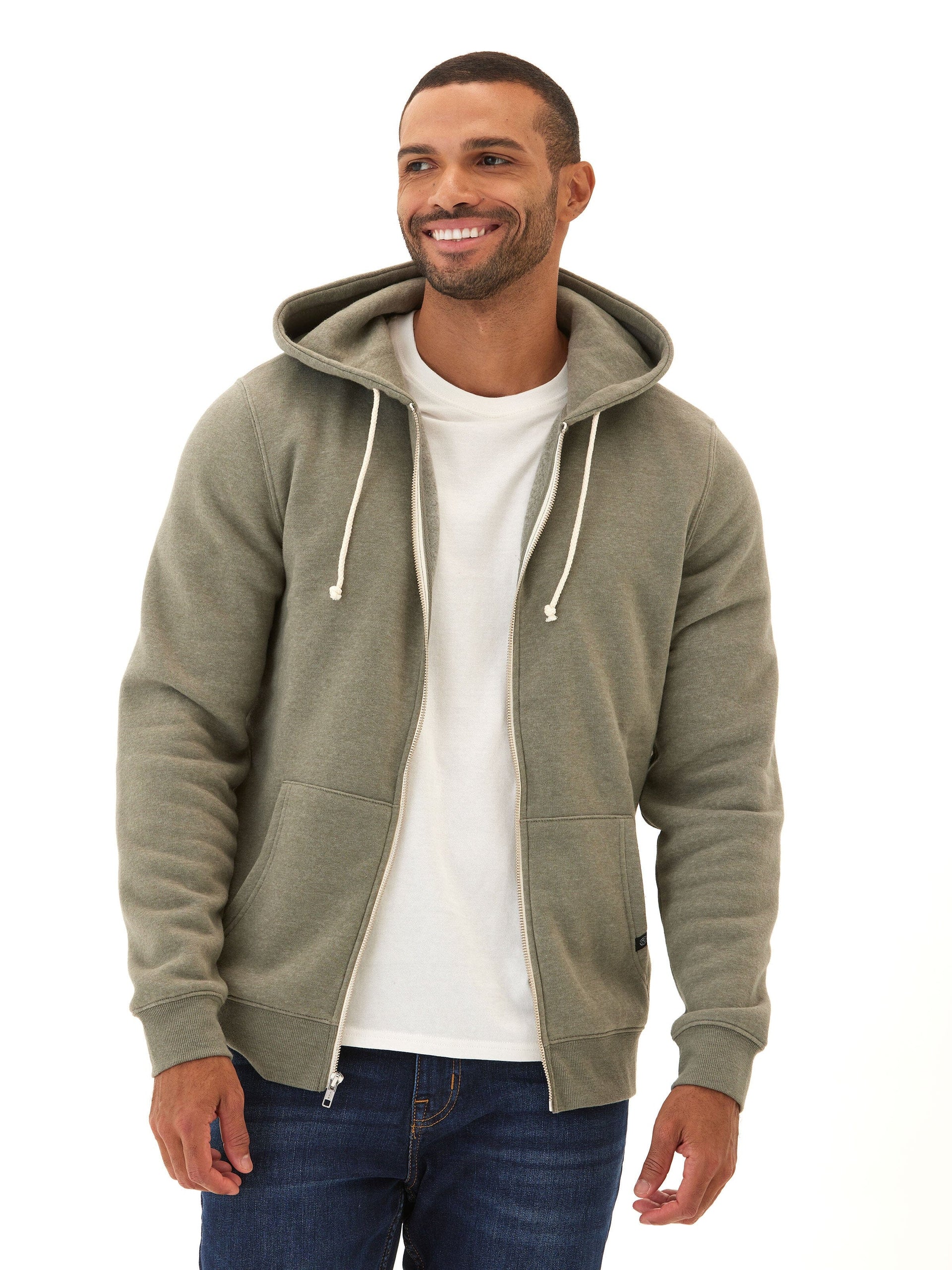 Men's Core Triblend Fleece Zip Hoodie in olive green and white, showing the knit fleece texture.