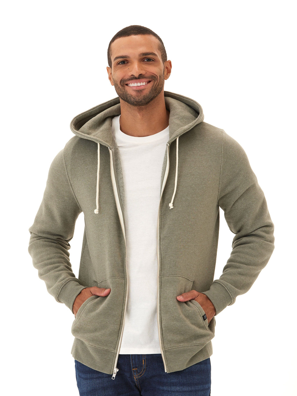 Men's Core Triblend Fleece Zip Hoodie in Olive Green and White