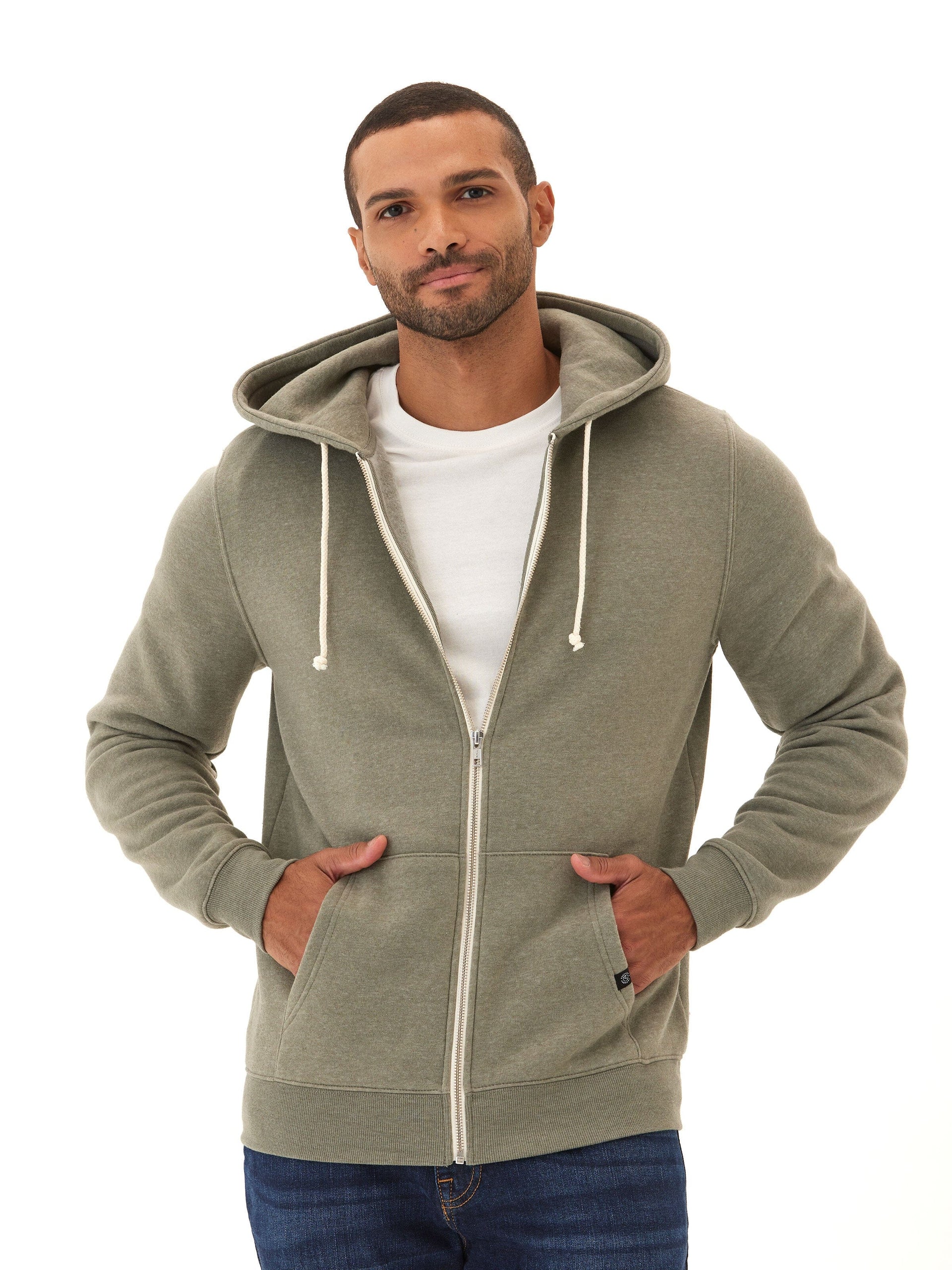 Men's Core Triblend Fleece Zip Hoodie in Olive Green and White