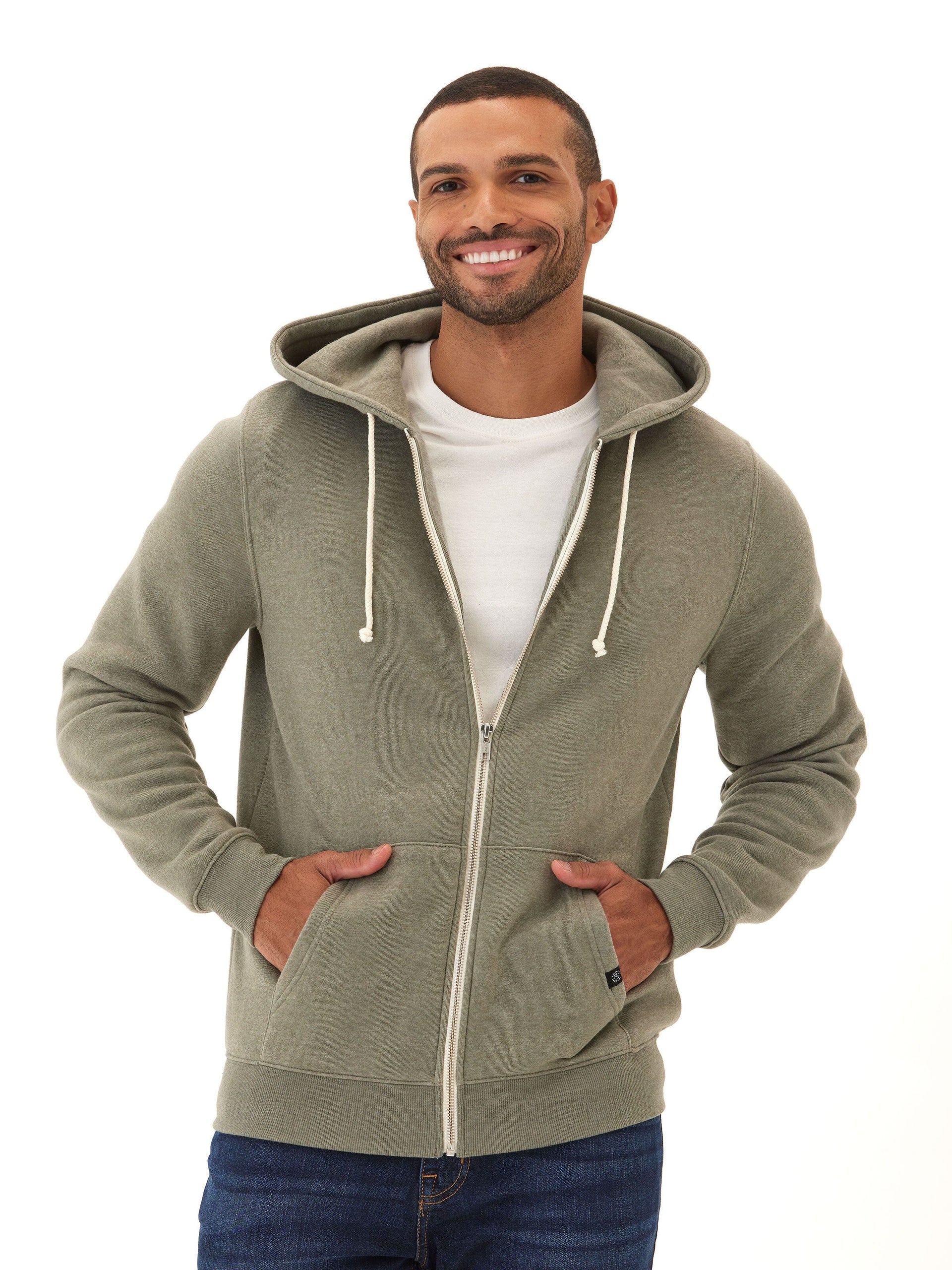 Men's Core Triblend Fleece Zip Hoodie in Olive Green and White