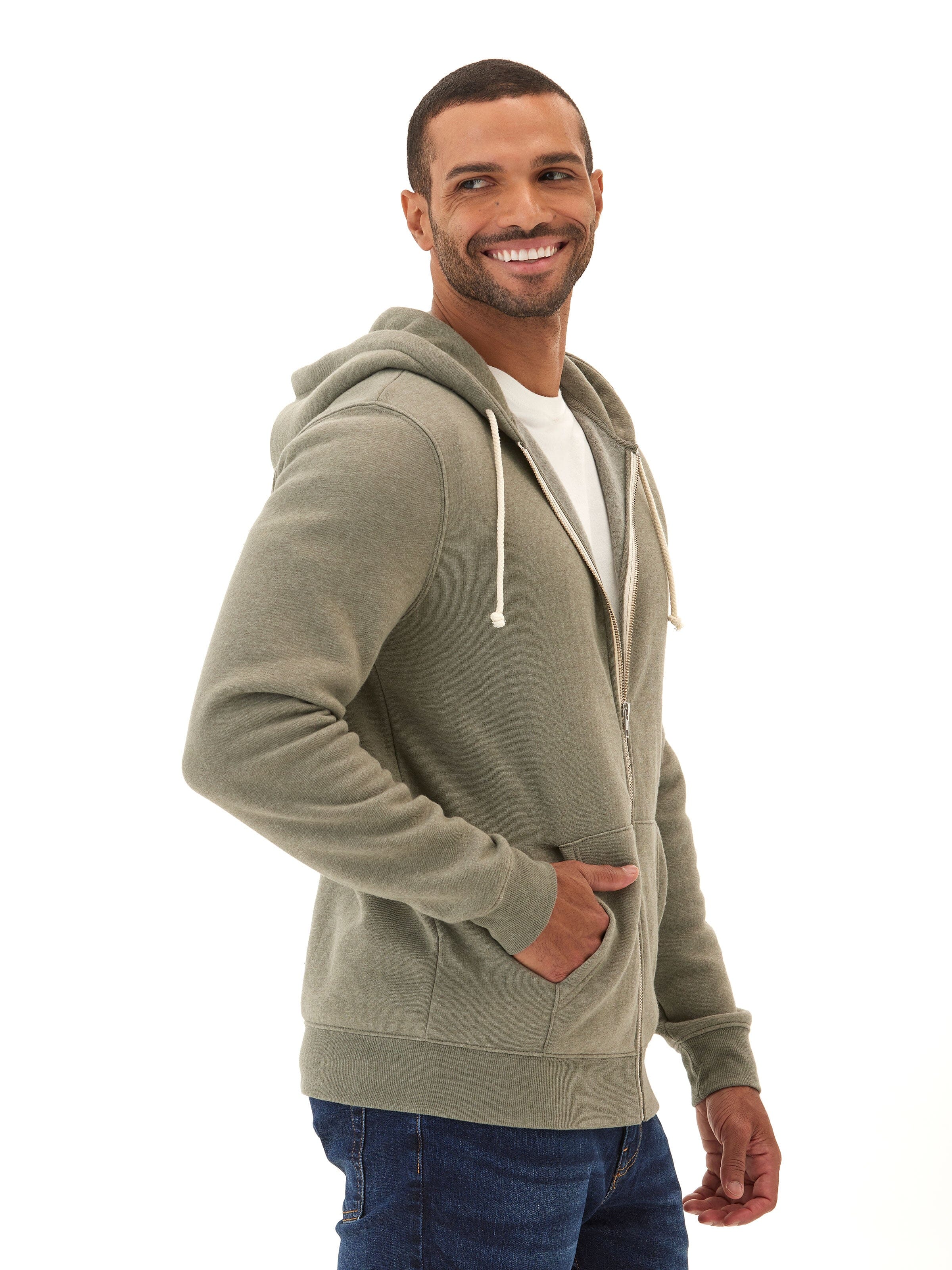 Men's Core Triblend Fleece Zip Hoodie in Olive Green and White