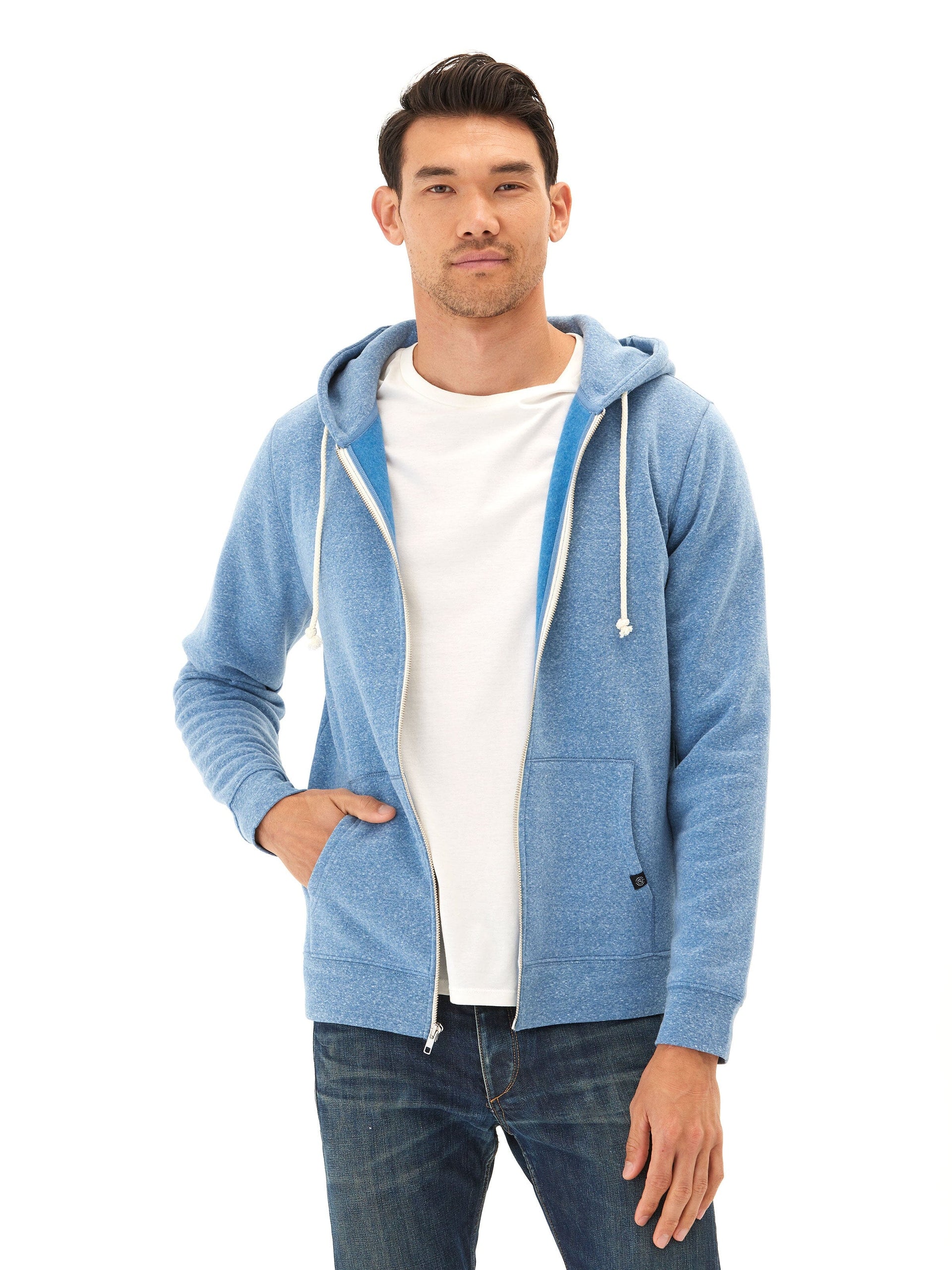 A sporty men's full-zip hoodie made from triblend fleece available in blue and white.