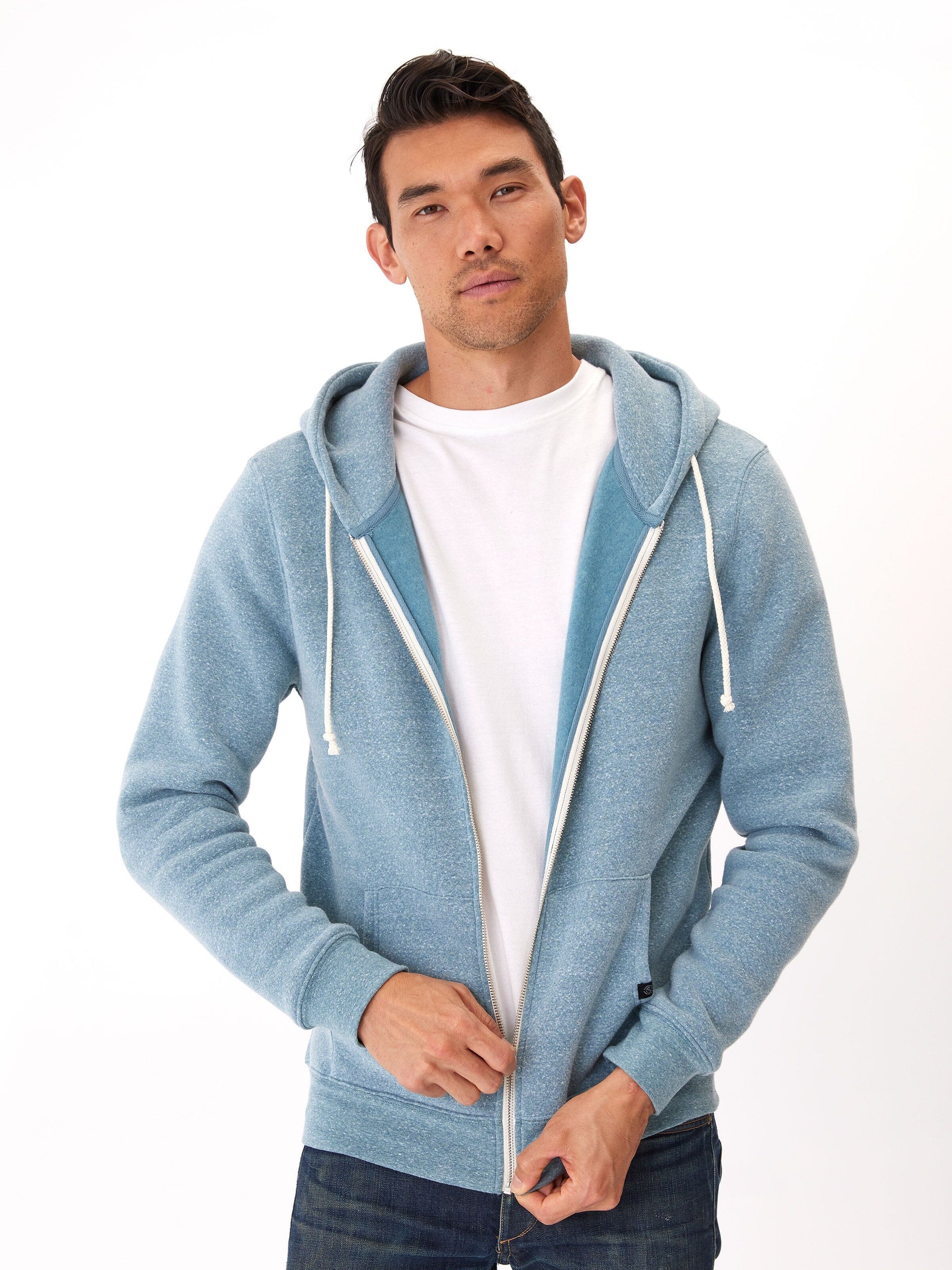 Men's Core Triblend Fleece Zip Hoodie in solid blue and white knit fabric