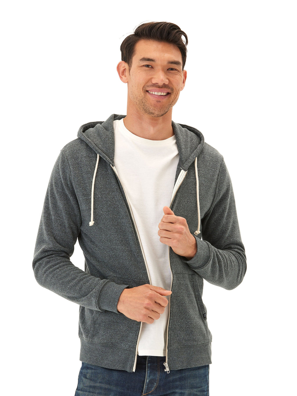 A minimalist men's triblend fleece full-zip hoodie in dark-grey-heather.