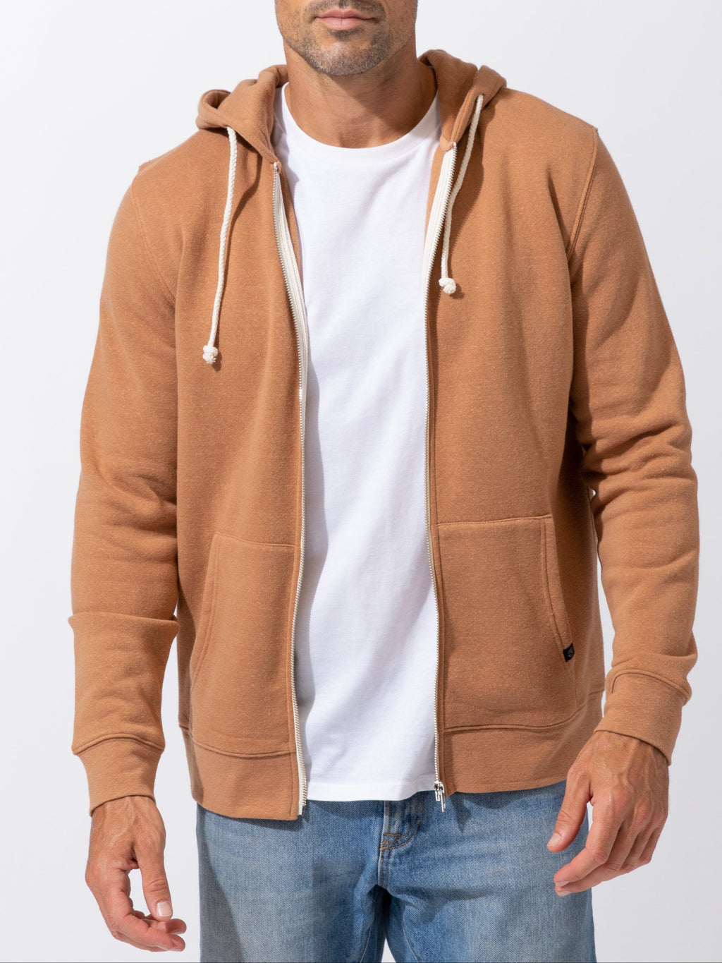 Men's Core Triblend Fleece Zip Hoodie in tan with cream drawstring accents in a regular fit.