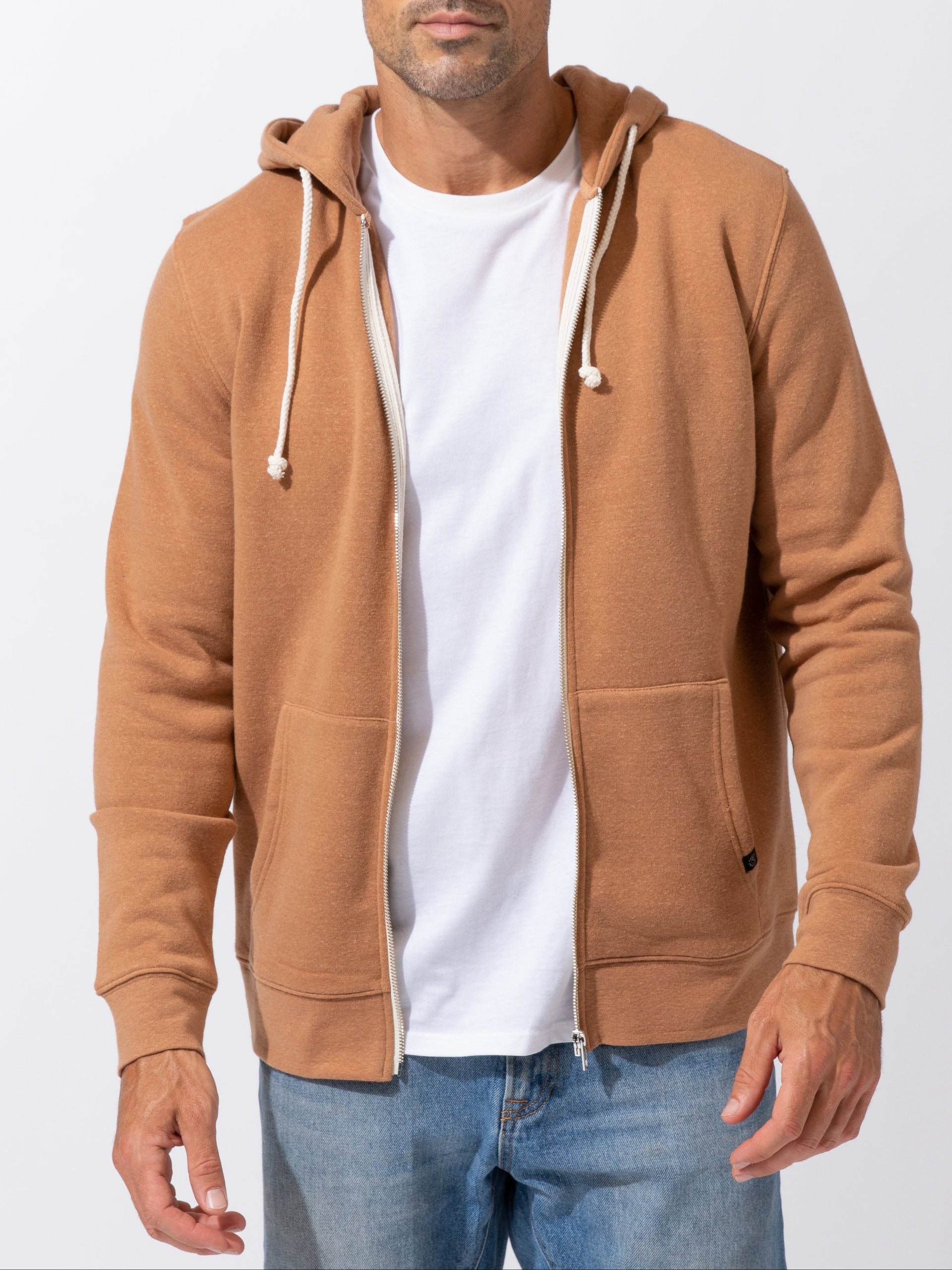 Men's Core Triblend Fleece Zip Hoodie in tan with cream drawstring accents in a regular fit.