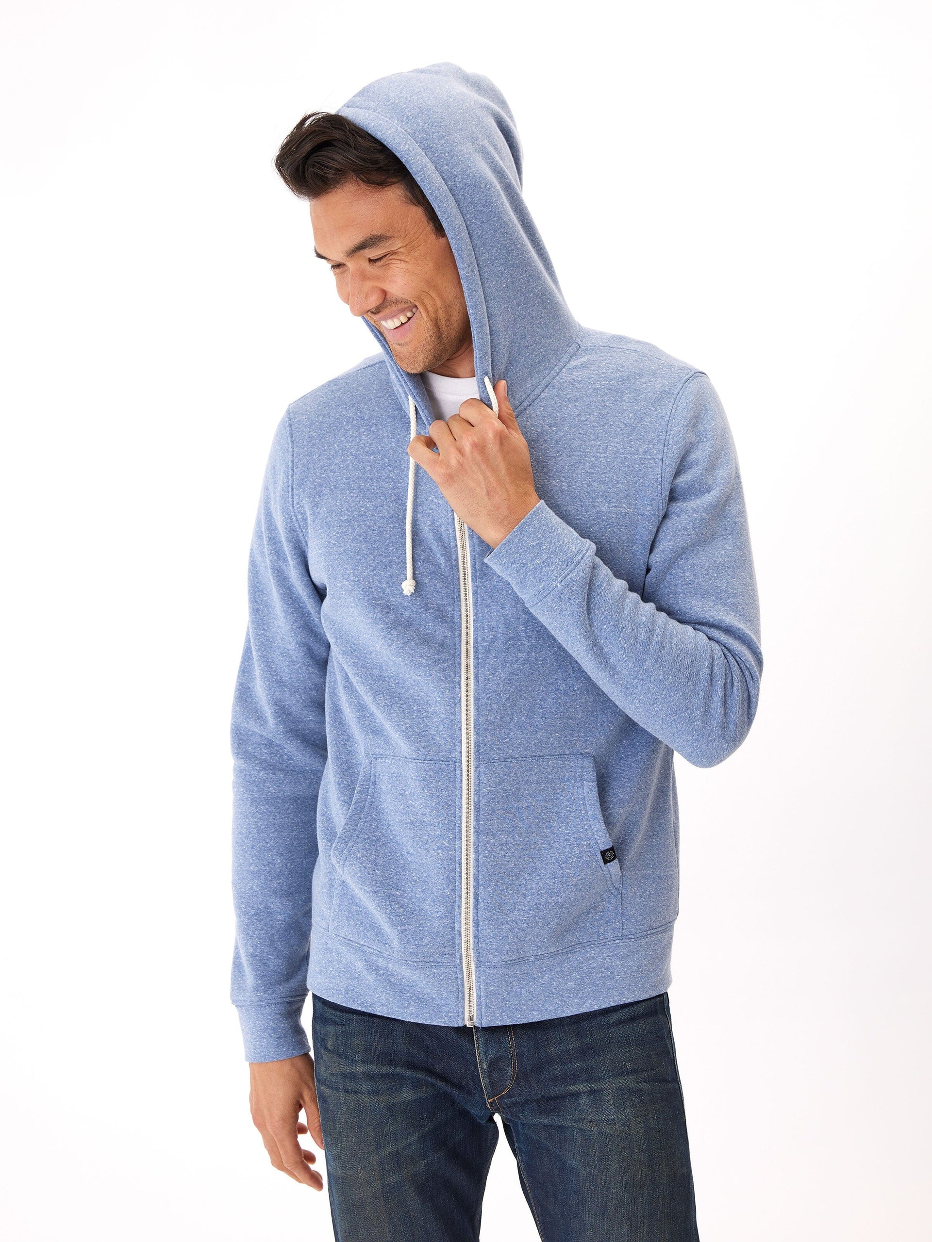 Men's heathered blue zip-up fleece hoodie with white hardware, featuring an adjustable hood and front pockets.