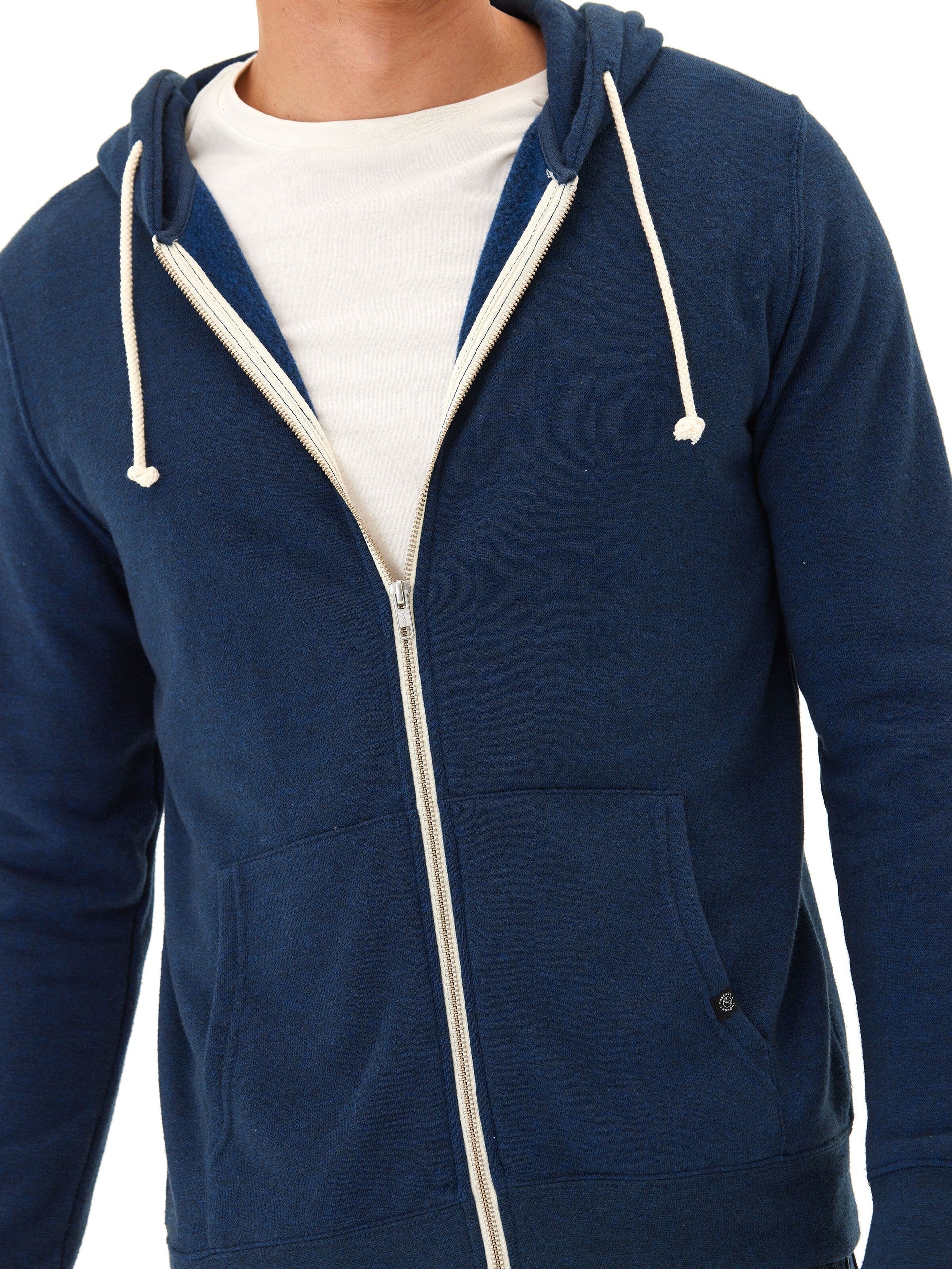 Men's Core Triblend Fleece Zip Hoodie in navy blue with contrast white zipper and drawstring