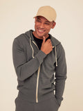 Men's Core Triblend Fleece Zip Hoodie in charcoal-gray with cream drawstrings, featuring a front zipper and regular fit.