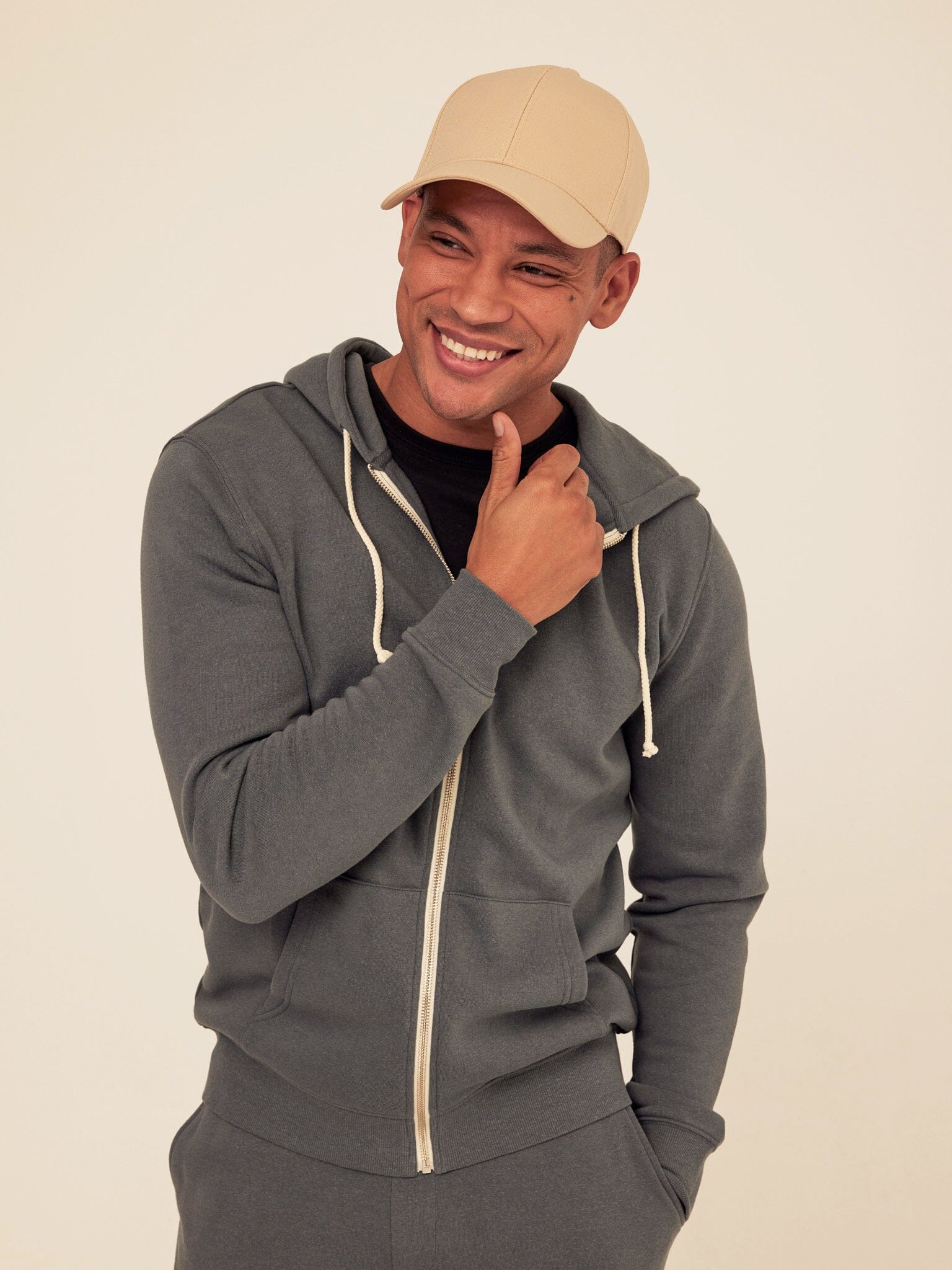 Men's Core Triblend Fleece Zip Hoodie in charcoal-gray with cream drawstrings, featuring a front zipper and regular fit.