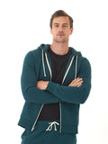 Men's core triblend fleece zip hoodie in deep teal with off-white drawstring accents and a full zip front.