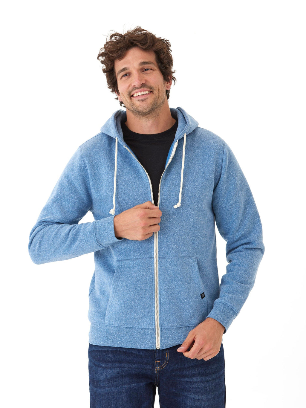 Men's Core Triblend Fleece Zip Hoodie in heathered medium blue featuring a front zipper and adjustable hood.