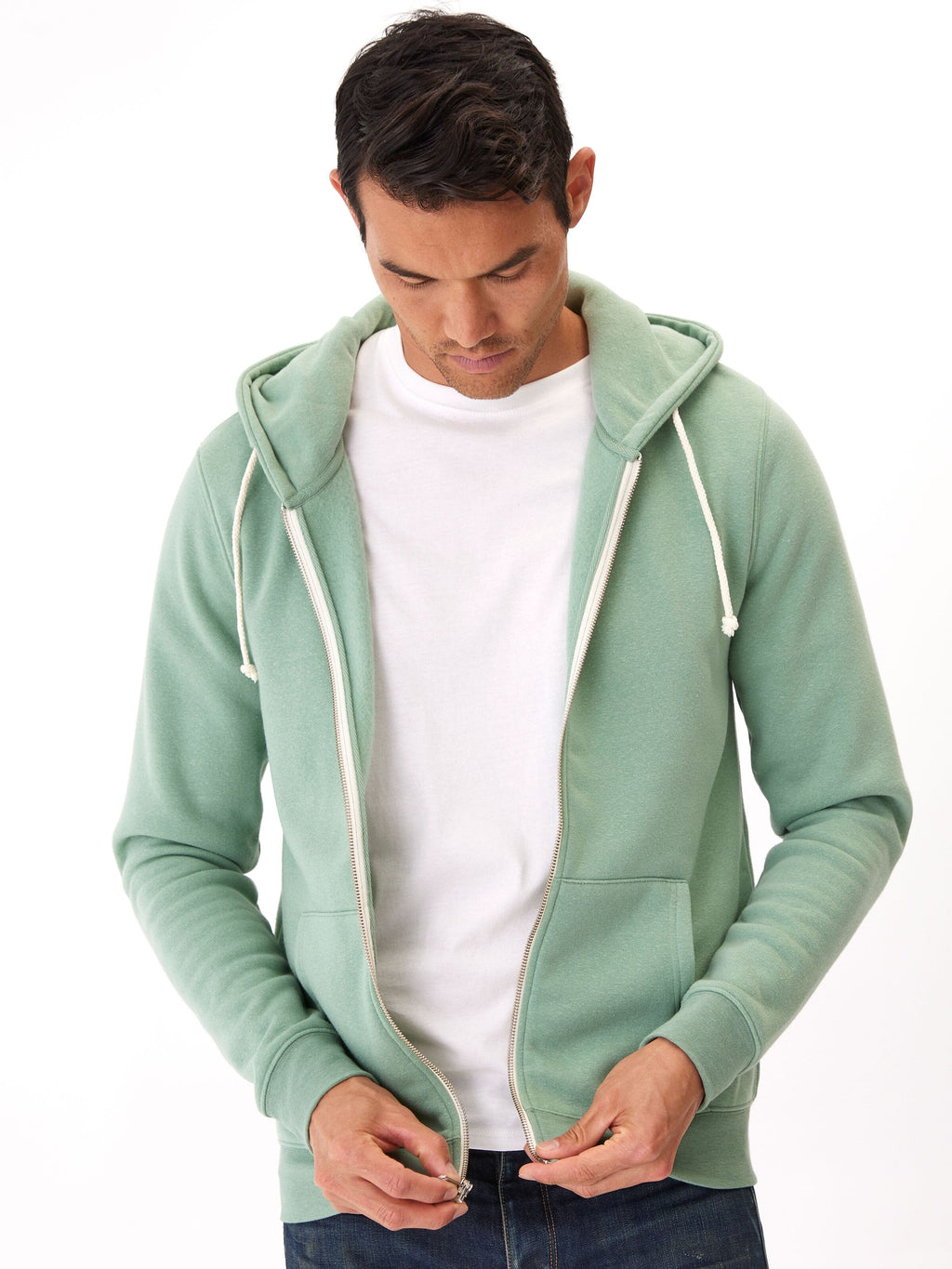 Men's Core Triblend Fleece Zip Hoodie in Sage Green or White