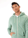 Men's Core Triblend Fleece Zip Hoodie in muted sage green with white drawstring and zipper details