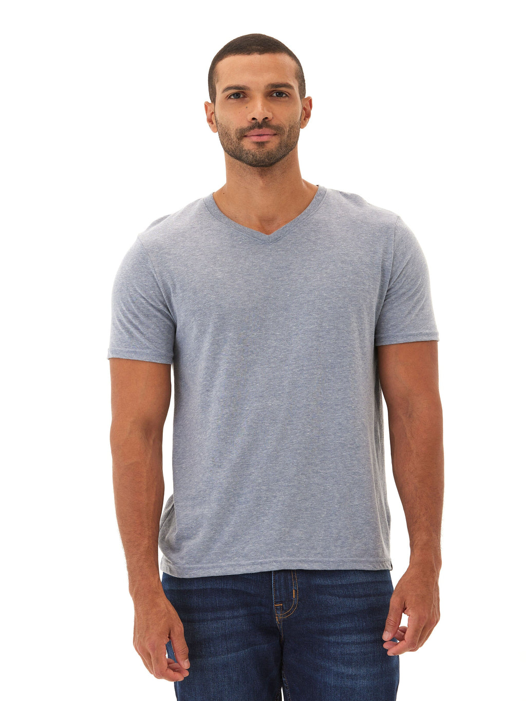 Close-up view of the Men's Core Triblend Jersey V-Neck Tee showing fabric texture and neckline detail