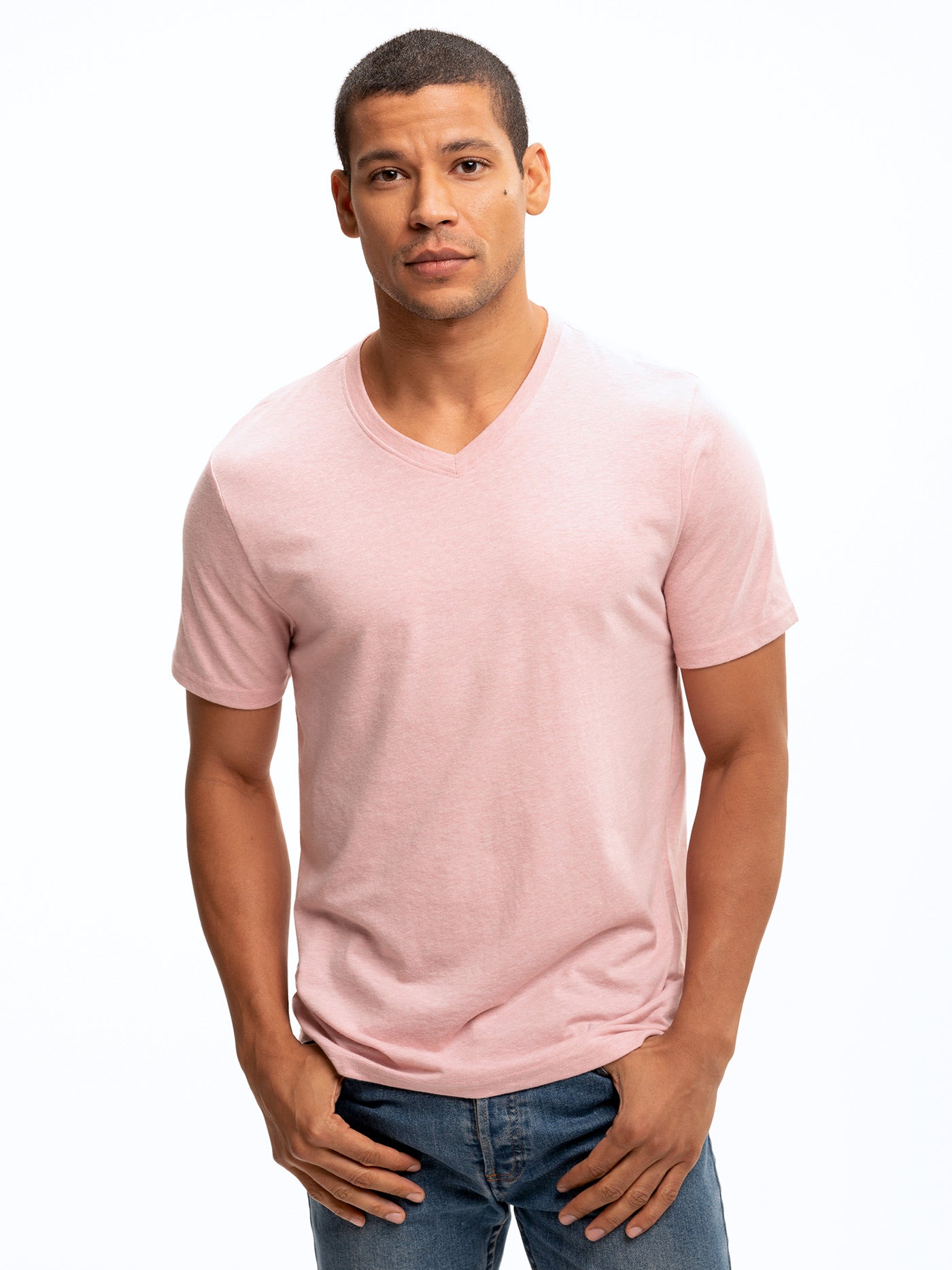 Men's minimalist solid pink short-sleeve V-neck jersey t-shirt