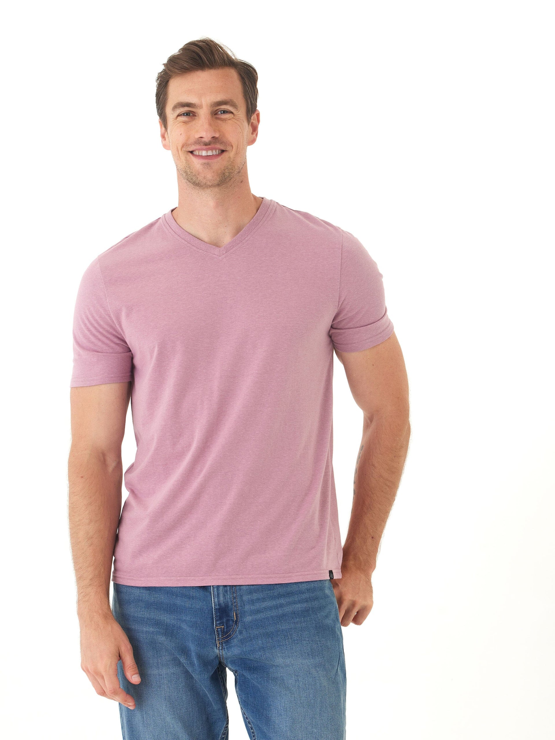 Men's Core Triblend Jersey V-Neck Tee in dusty-rose, soft knit fabric