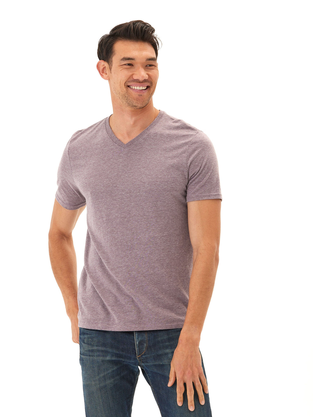 Men's Core Triblend V-Neck Tee in heathered purple, minimalist style, short sleeves, regular fit
