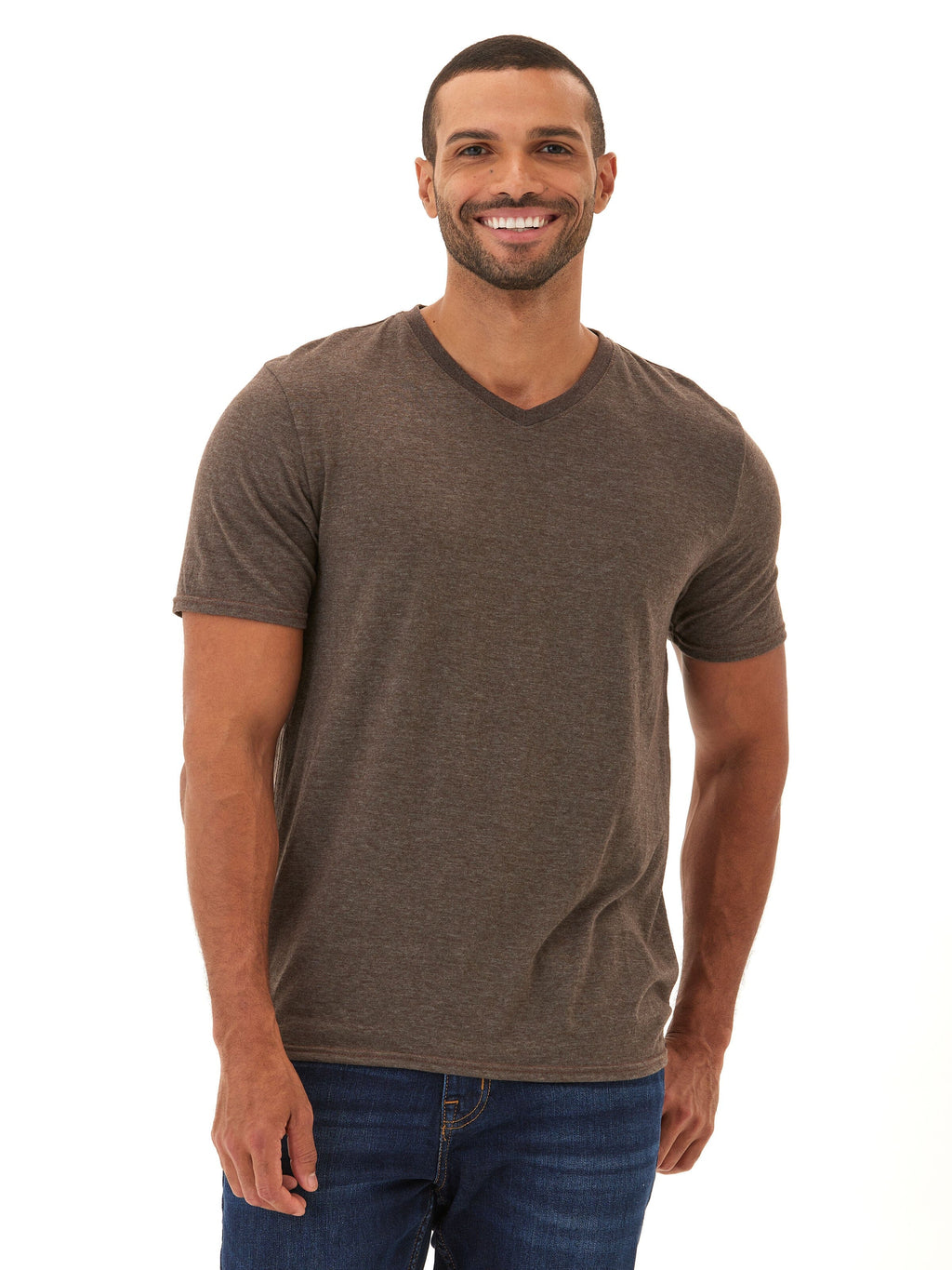 Close up of the Men's Core Triblend V-Neck Tee showing the soft jersey texture.