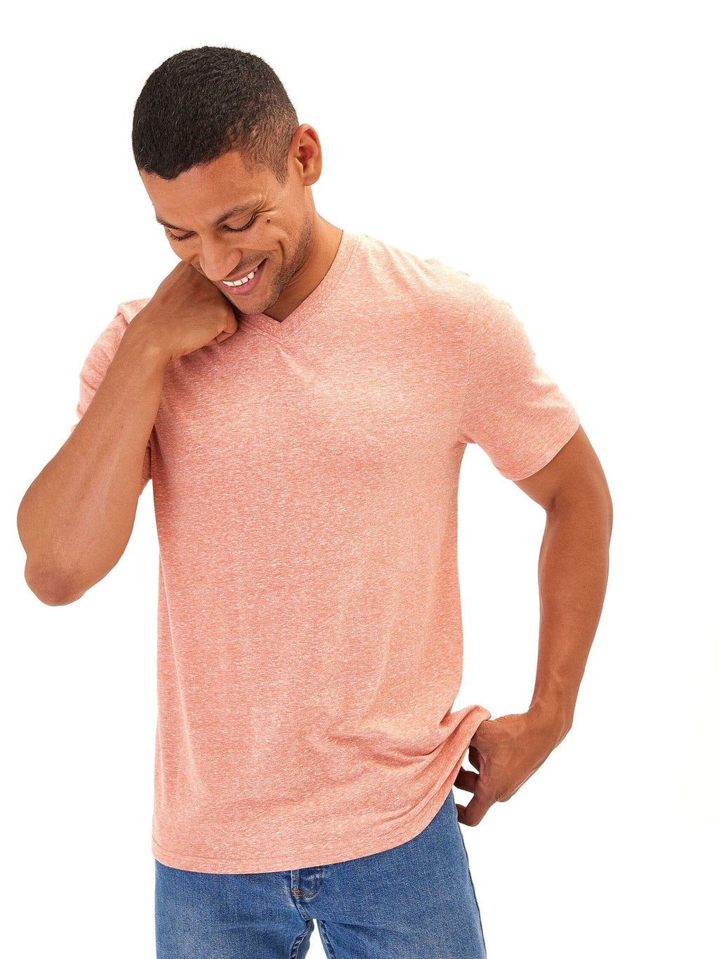 Men wearing a soft grey triblend V-neck t-shirt with a versatile fit