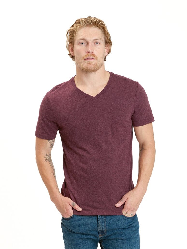 Men's solid maroon and burgundy triblend jersey V-neck t-shirt