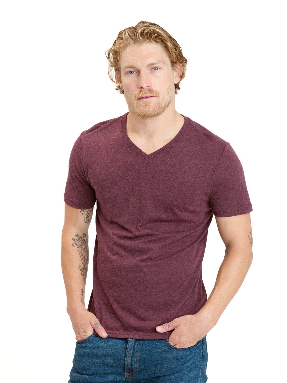 Men's Core Triblend Jersey V-Neck Tee in Maroon and Burgundy