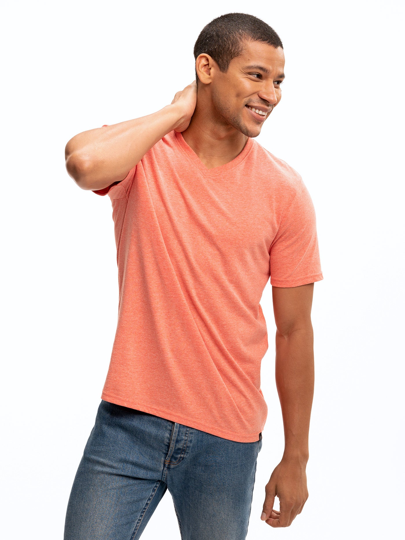 Men wearing a soft grey Triblend Jersey V-Neck Tee, showcasing a clean and versatile everyday fit.