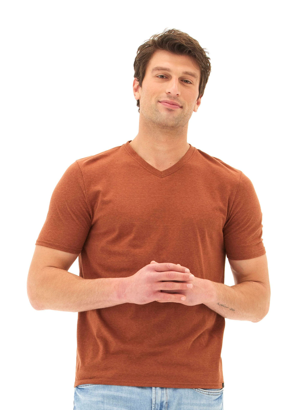Men's solid rust V-neck tee made from soft, stretchy triblend jersey.