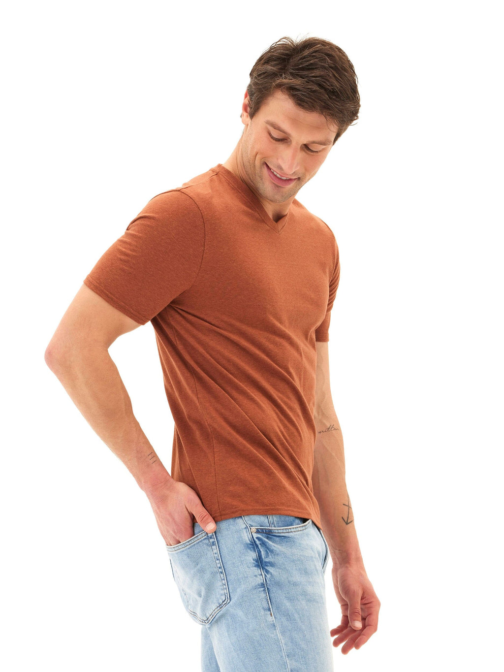 Men's Core Triblend Jersey V-Neck Tee in Rust and Brown