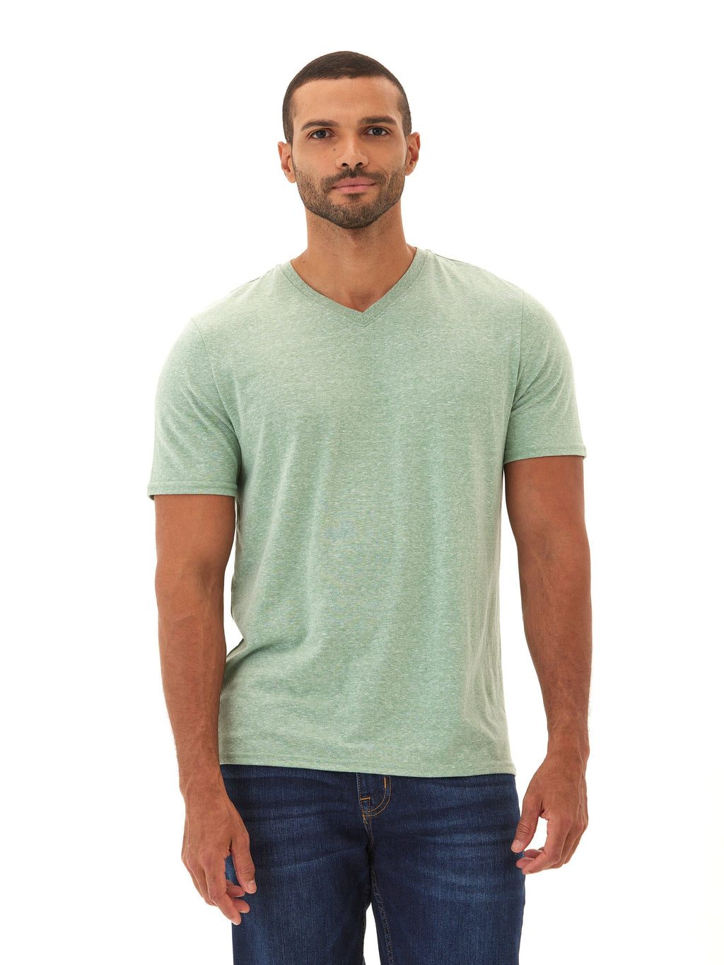 Close up of a men's green triblend V-neck jersey tee.