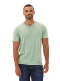 Close up of a men's green triblend V-neck jersey tee.