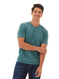 Men's teal V-neck t-shirt made from breathable, soft triblend jersey fabric.