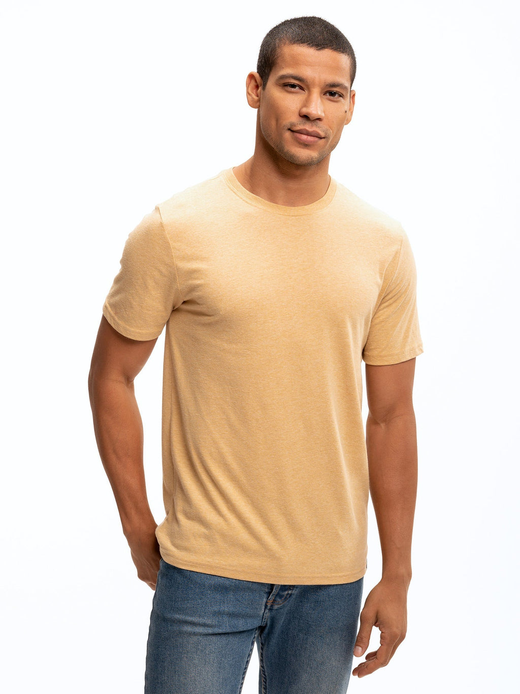 Men wearing a soft, comfortable triblend jersey crew neck tee in a minimalist style