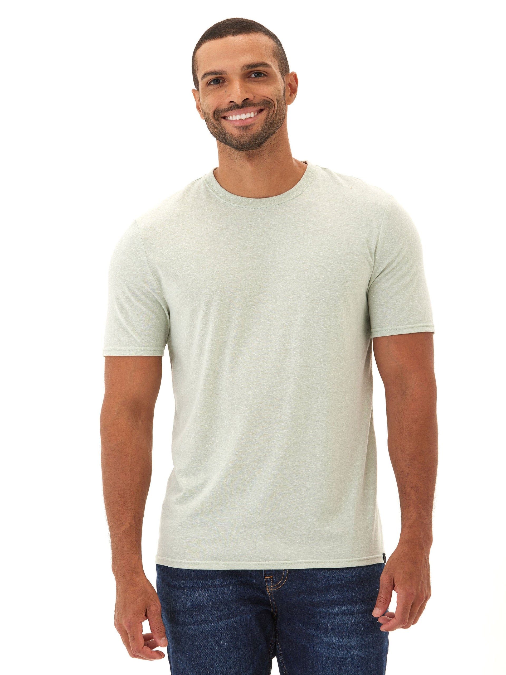 Men's heather-grey crew neck t-shirt made from soft triblend jersey fabric.