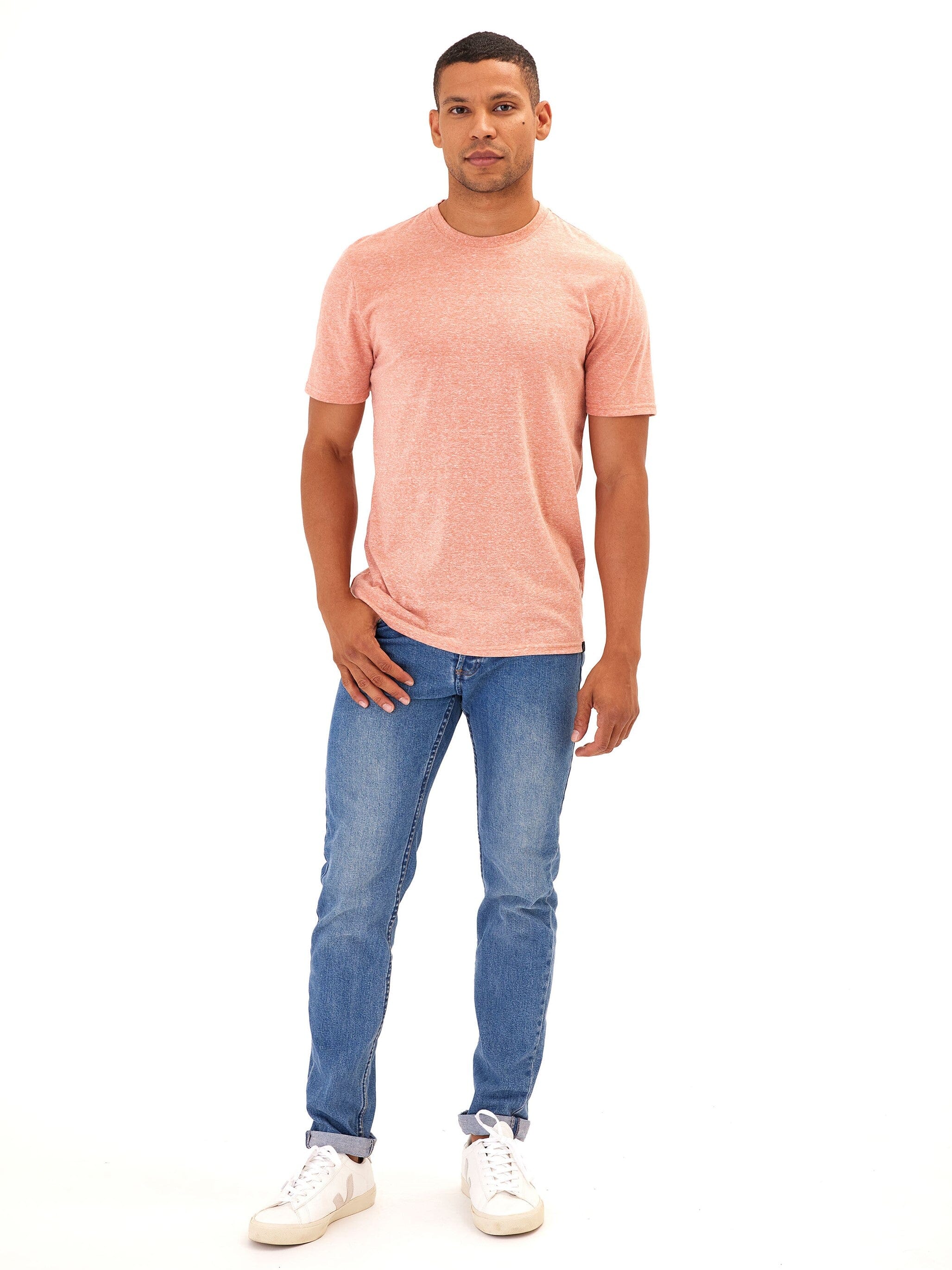 Men’s Core Triblend Jersey Crew Neck Tee in Coral and White
