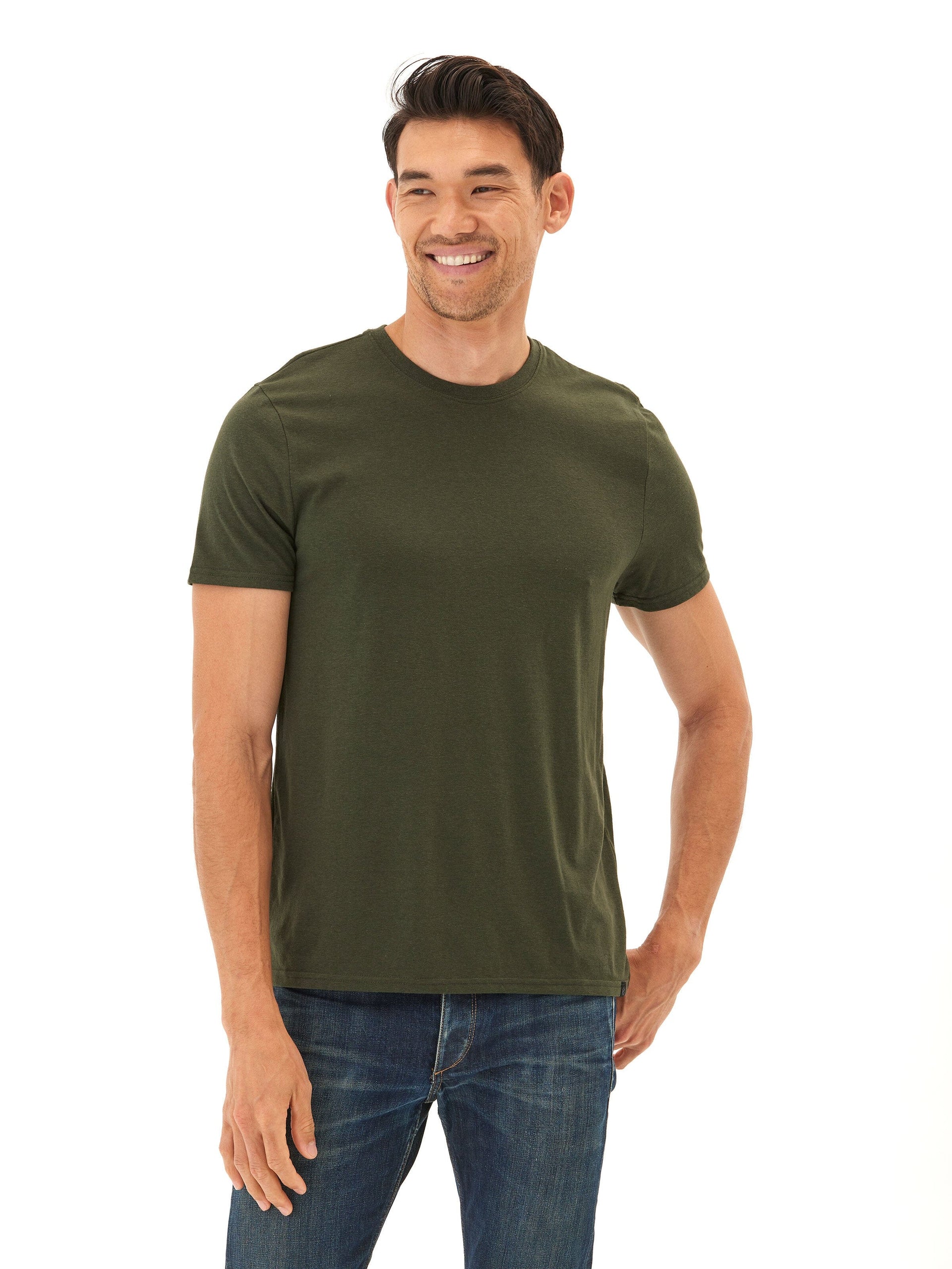 Men's Core Triblend Jersey Crew Neck Tee in Olive Green, showing a minimalist solid knit design.