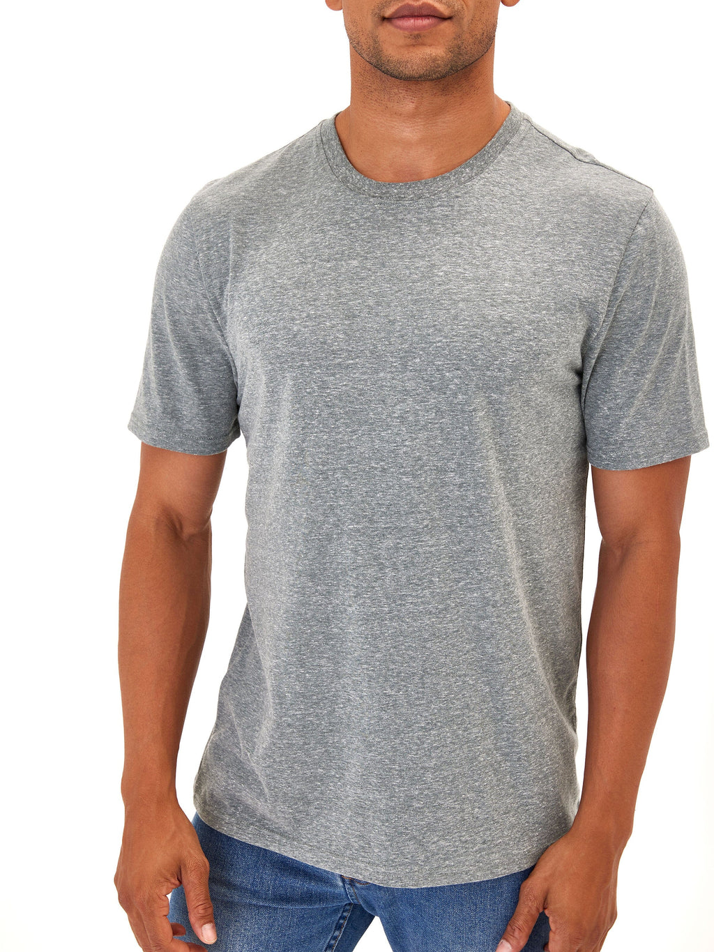 Close up of a men's grey triblend jersey crew neck t-shirt