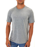 Close up of a men's grey triblend jersey crew neck t-shirt